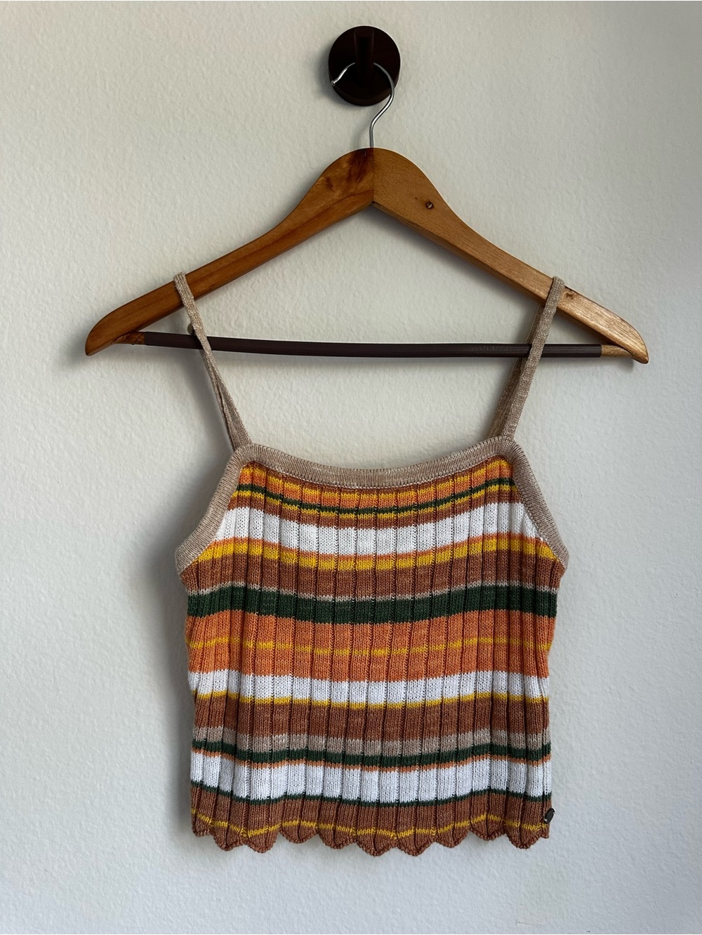 Roxy Y2K Striped Ribbed Knit Crop Cami Tank Boho Scalloped Hem M